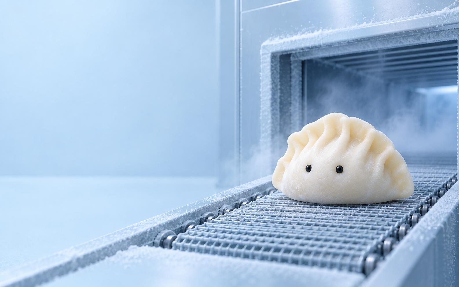 A small dumpling with bright eyes on the belt of an ice-blue freezing tunnel